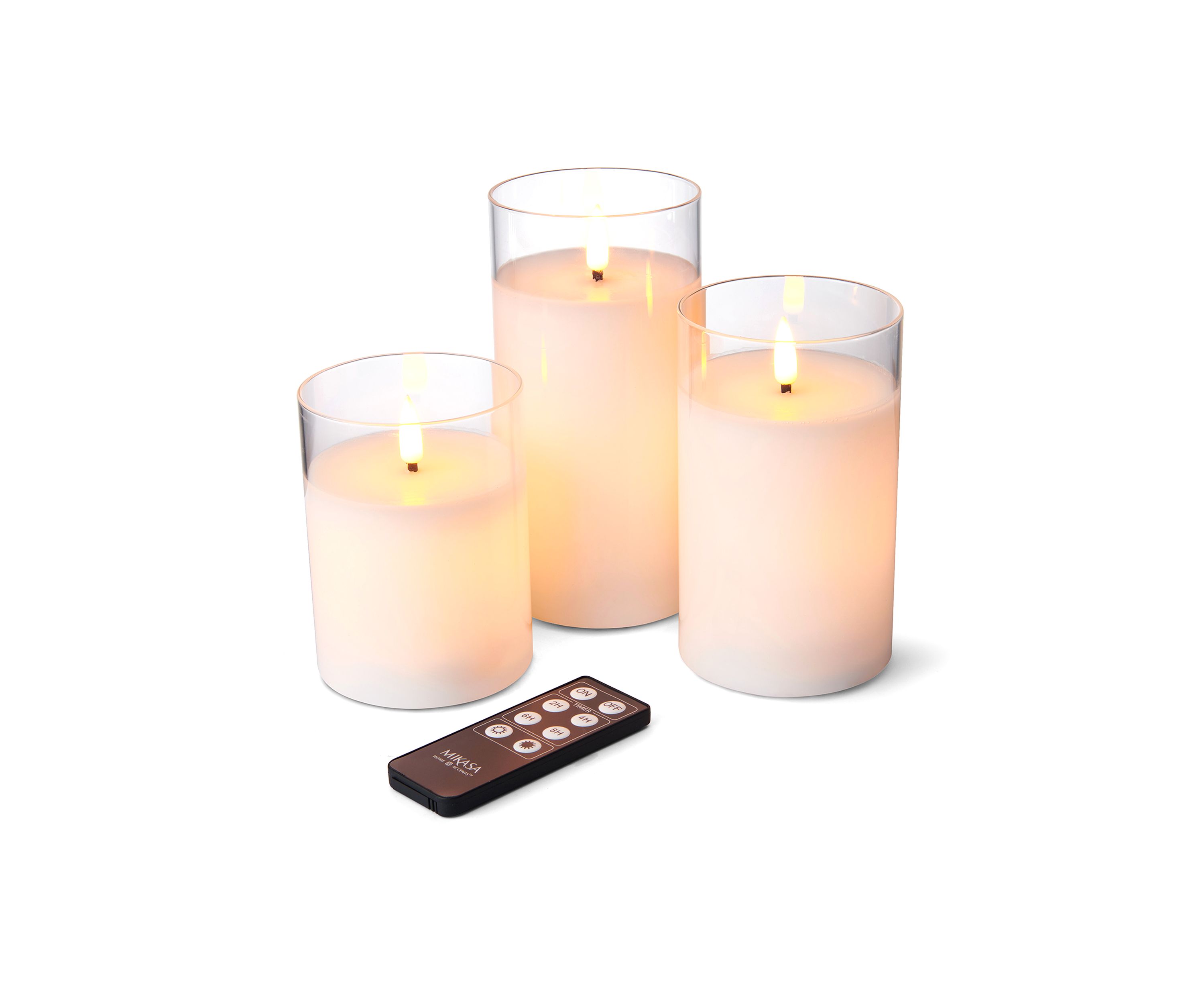 Set of 3 White  Realistic Teardrop Wick LED Pillars in Glass