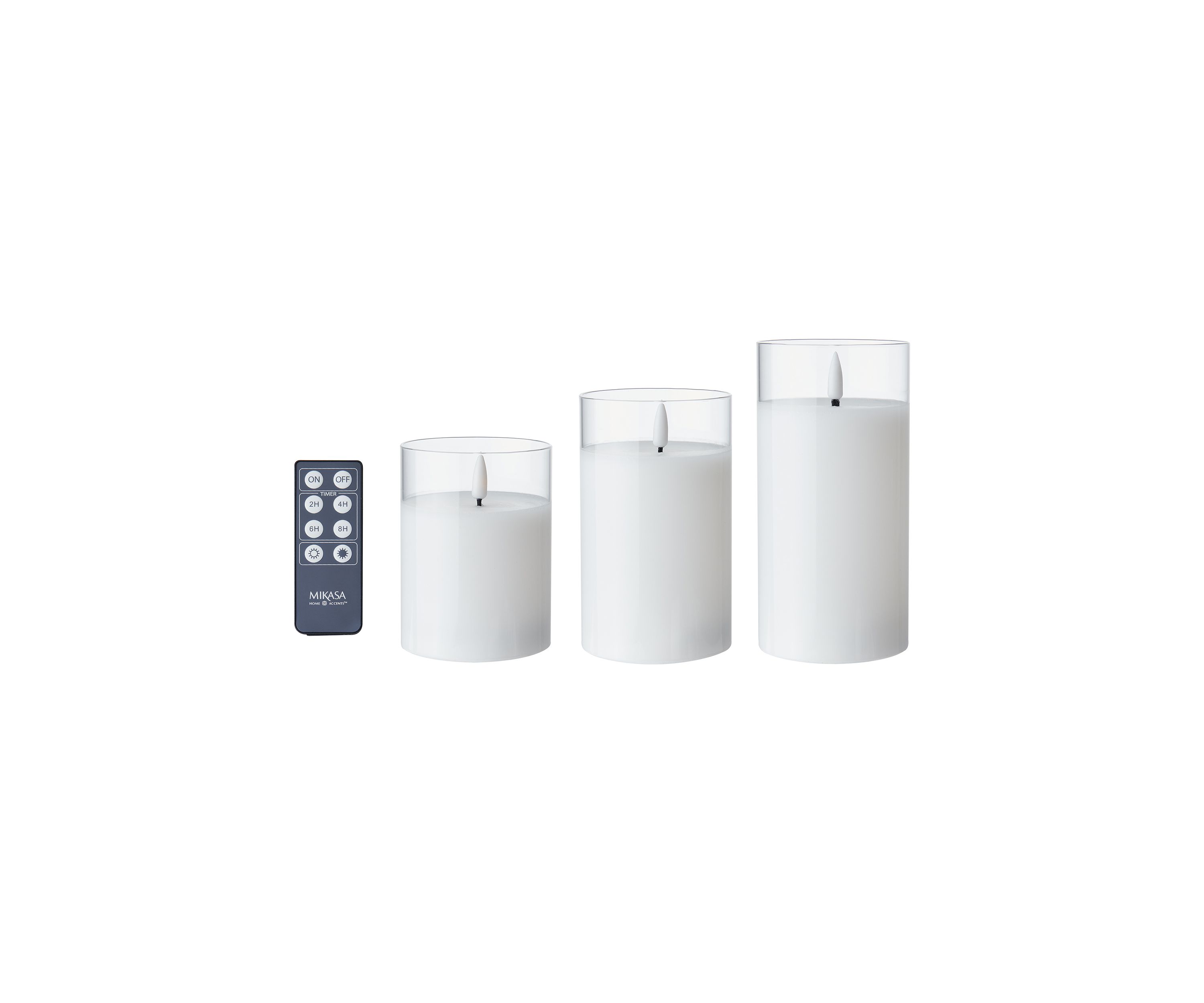 Set of 3 White  Realistic Teardrop Wick LED Pillars in Glass