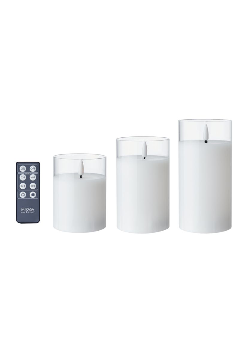 Set of 3 White  Realistic Teardrop Wick LED Pillars in Glass