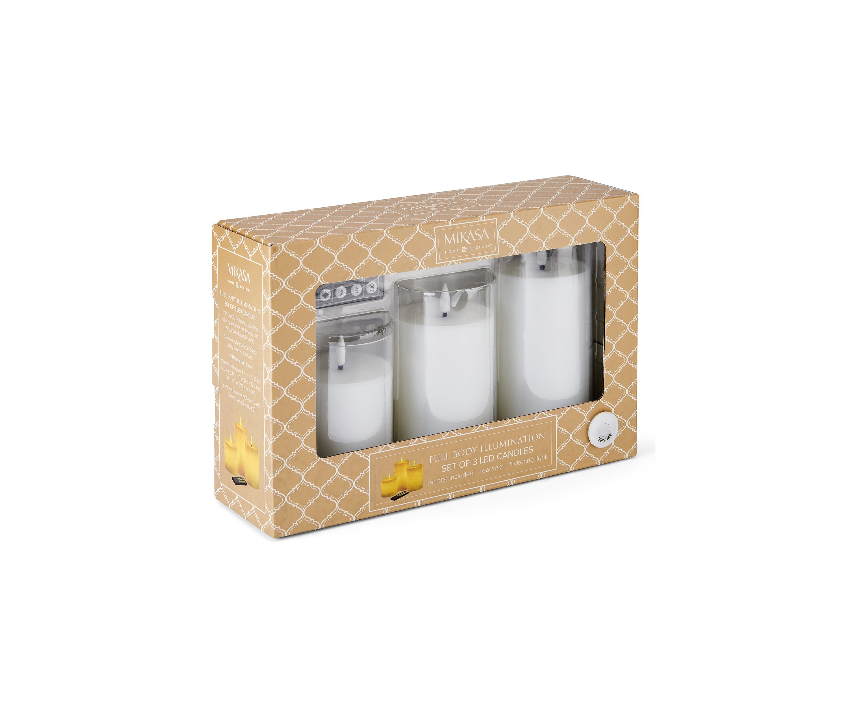Set of 3 White  Realistic Teardrop Wick LED Pillars in Glass