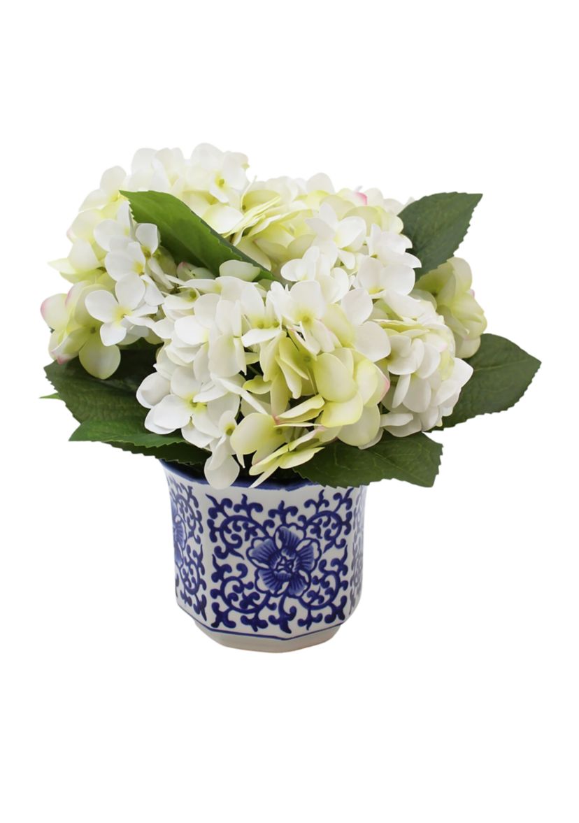 11" Potted Hydrangea in Blue & White with Faux Greenery