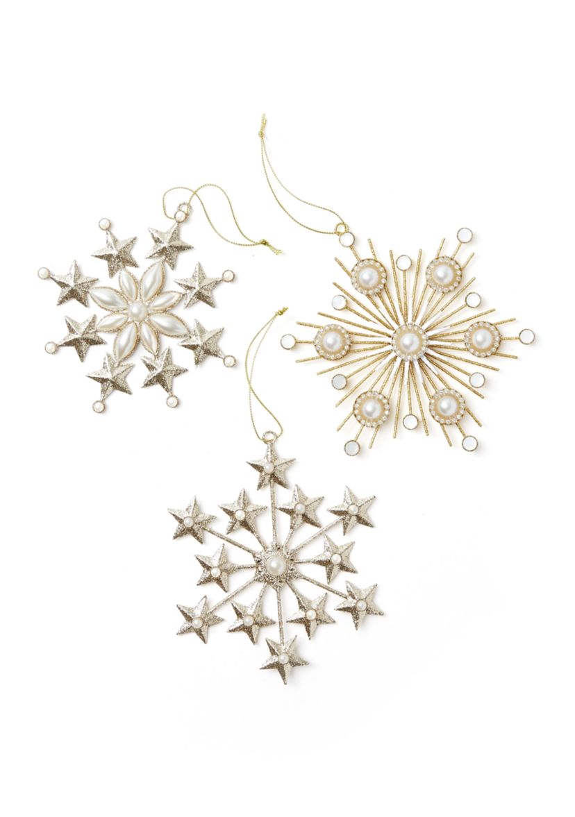 Glitter & Pearl Snowflake Ornament - Set of 3