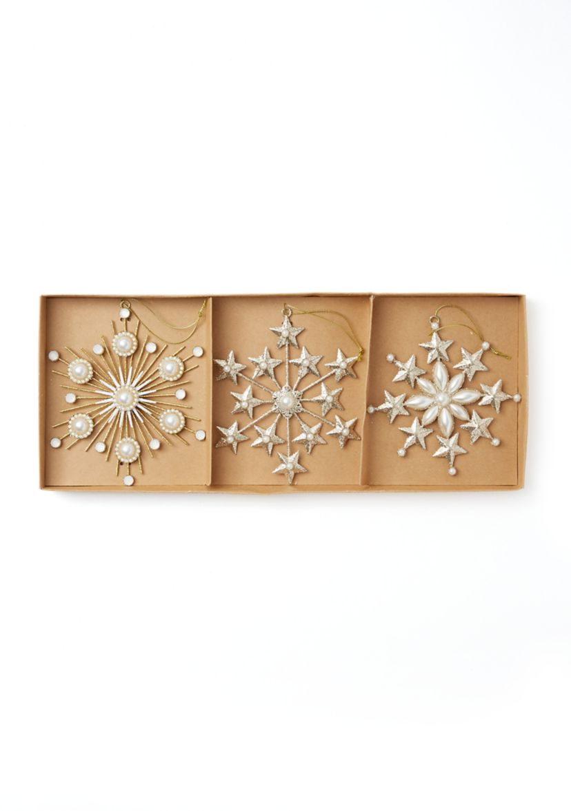 Glitter & Pearl Snowflake Ornament - Set of 3