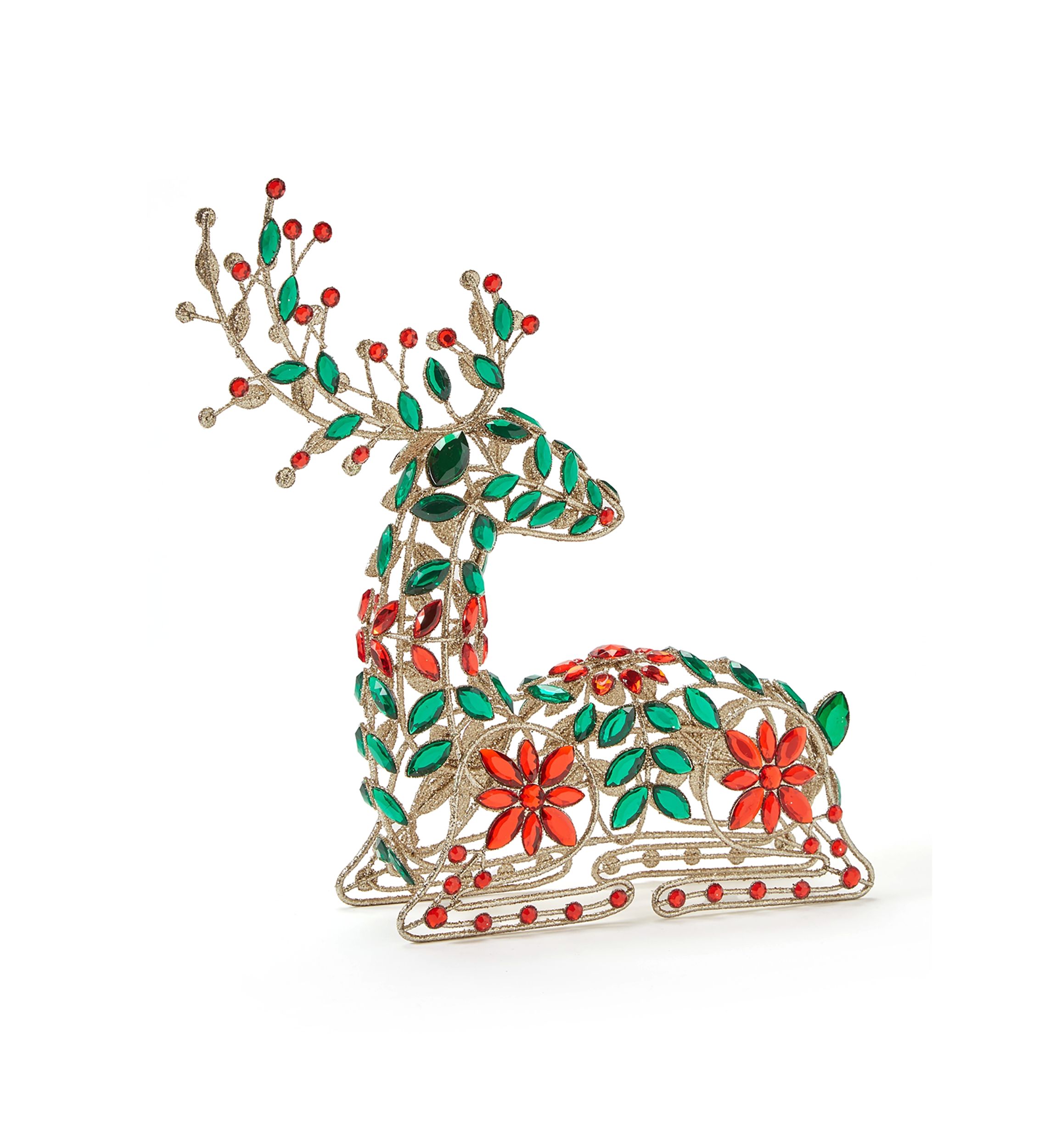 Red and Green Jeweled Glitter Sitting Deer