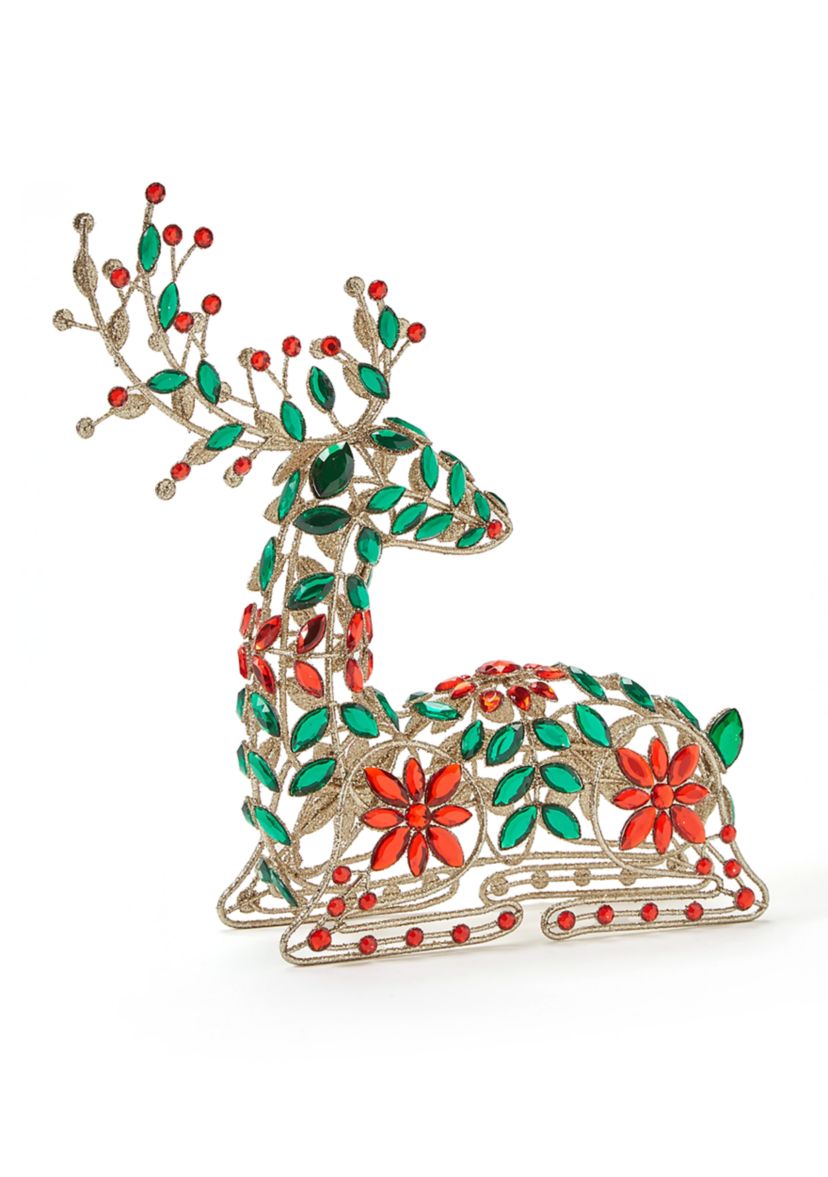 Red and Green Jeweled Glitter Sitting Deer