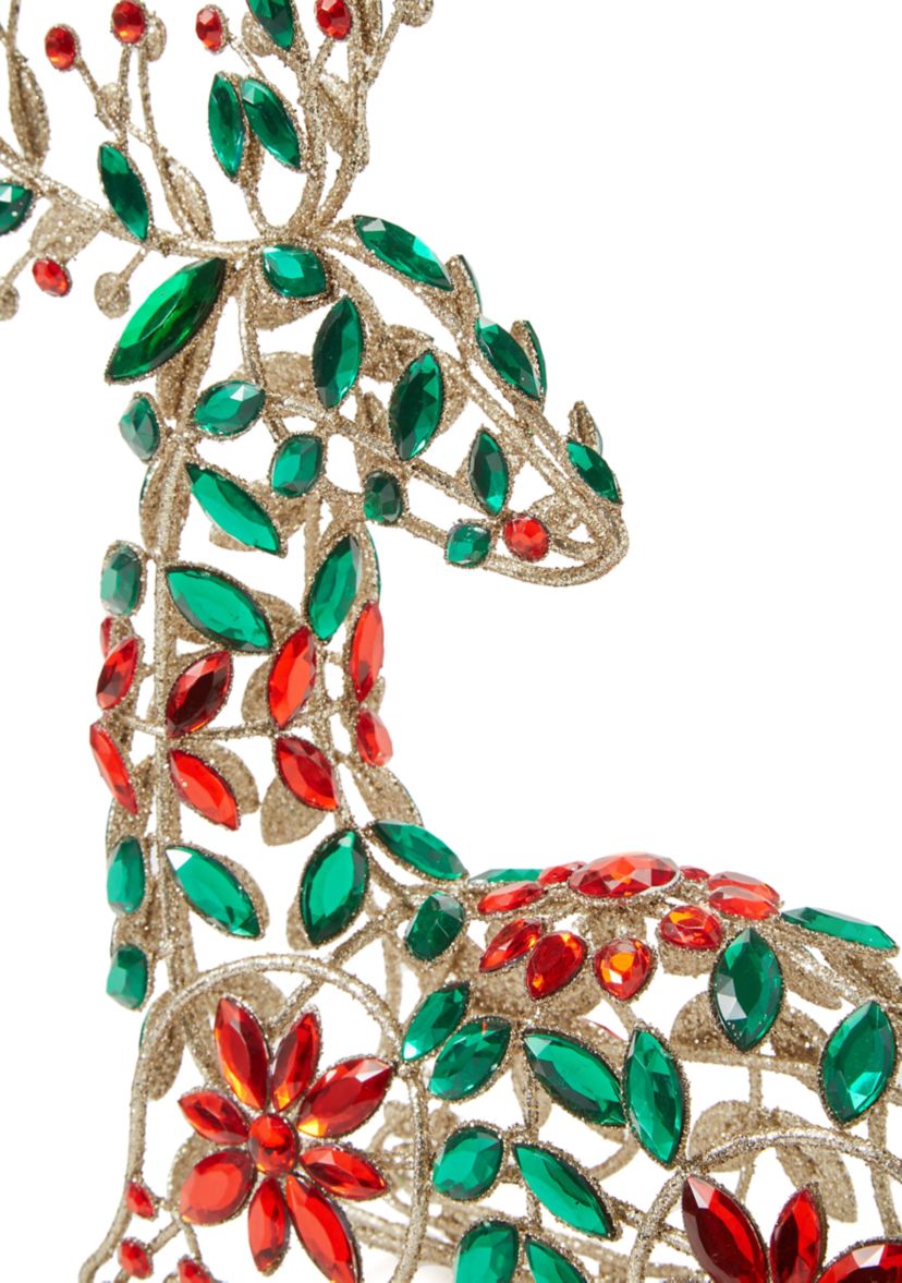 Red and Green Jeweled Glitter Sitting Deer