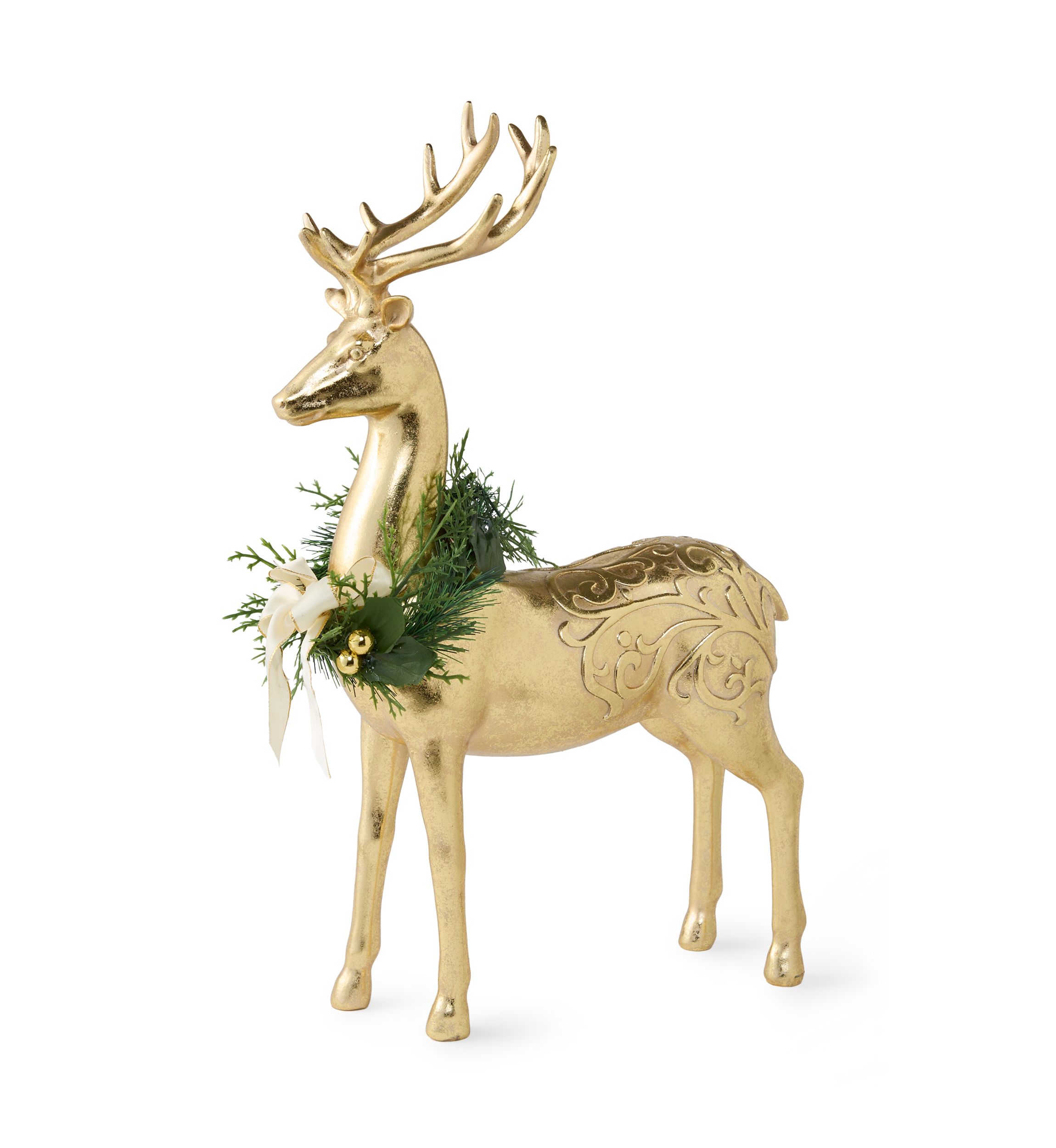 Gold Standing Deer with Wreath Figurine