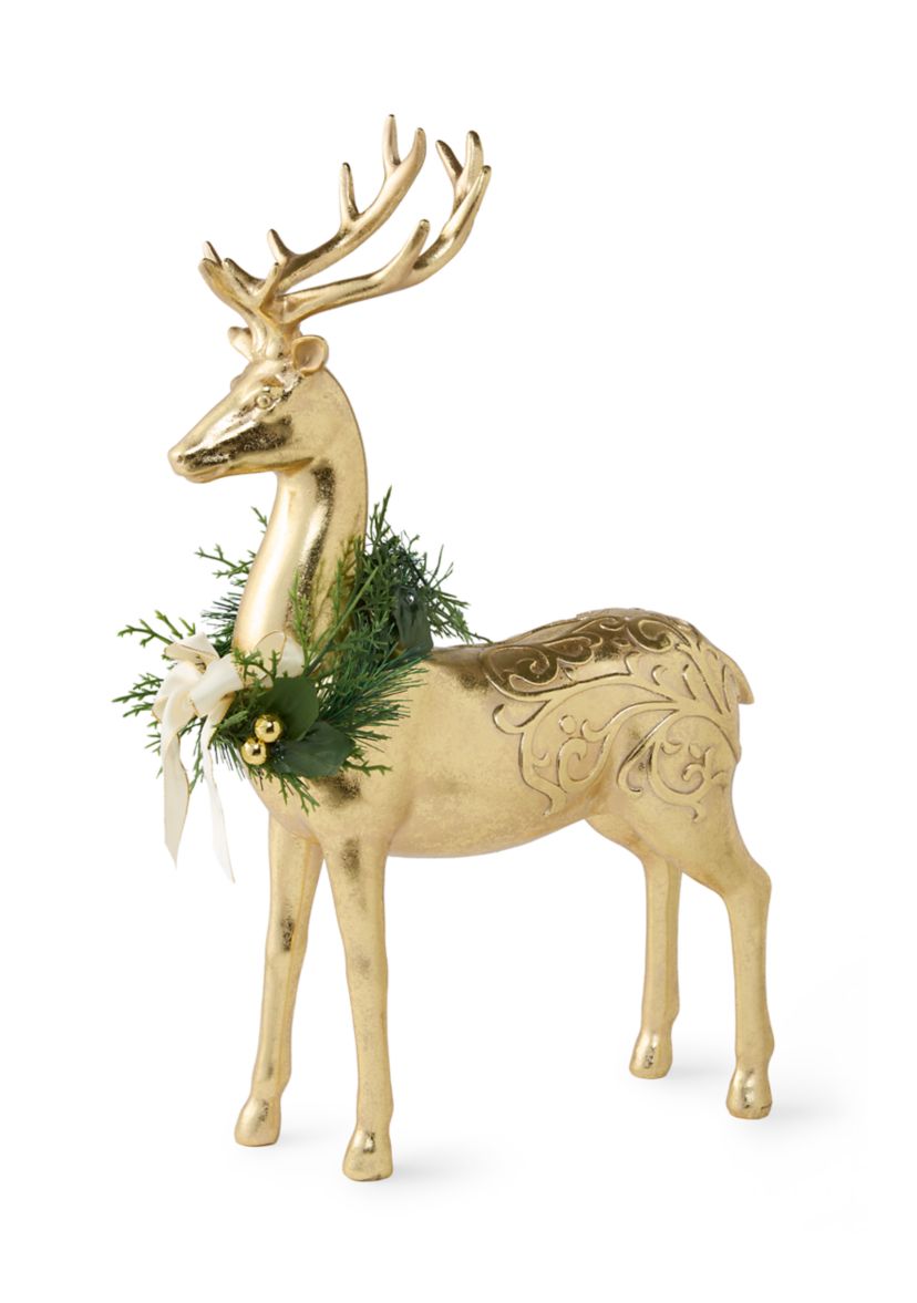 Gold Standing Deer with Wreath Figurine