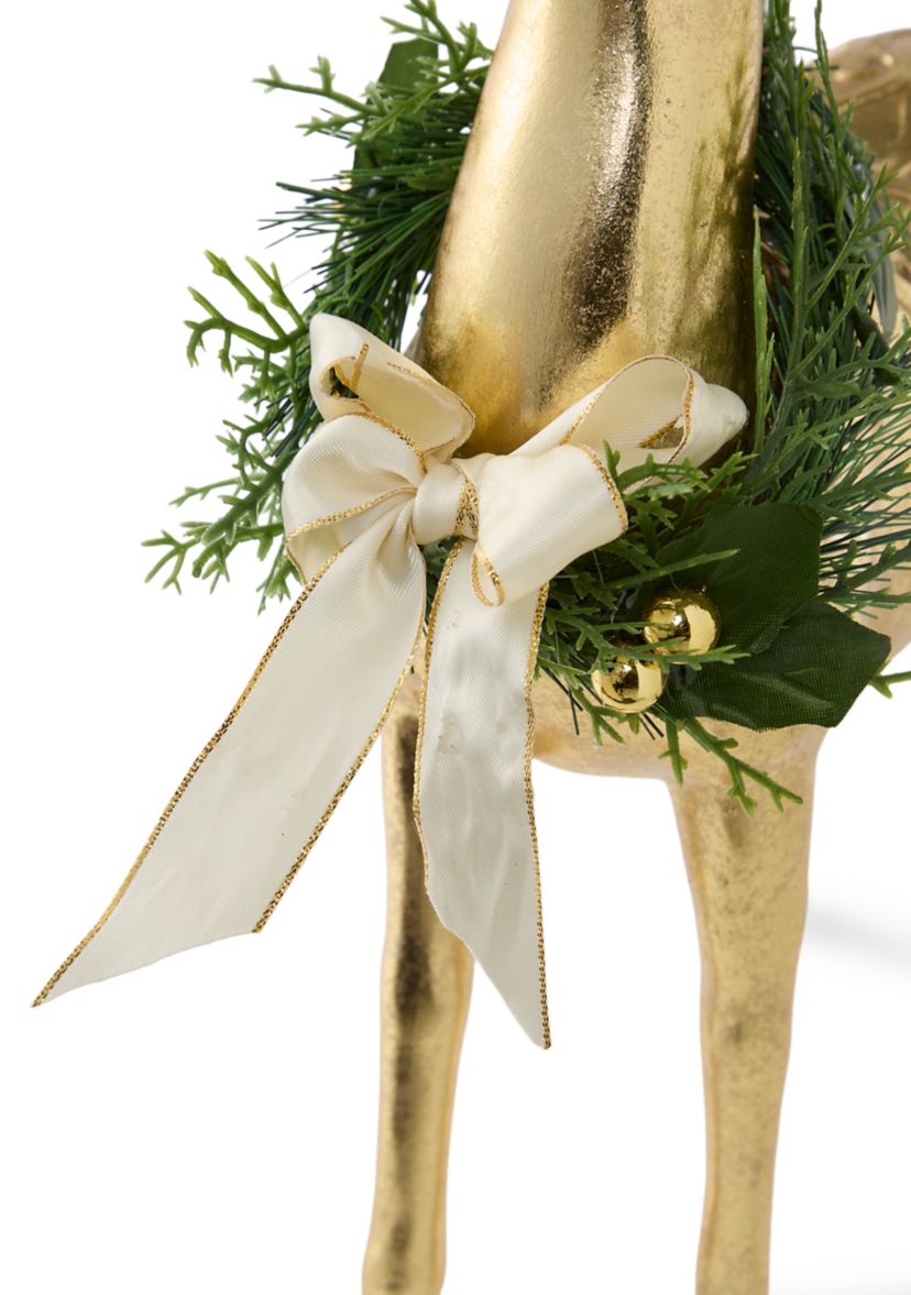 Gold Standing Deer with Wreath Figurine