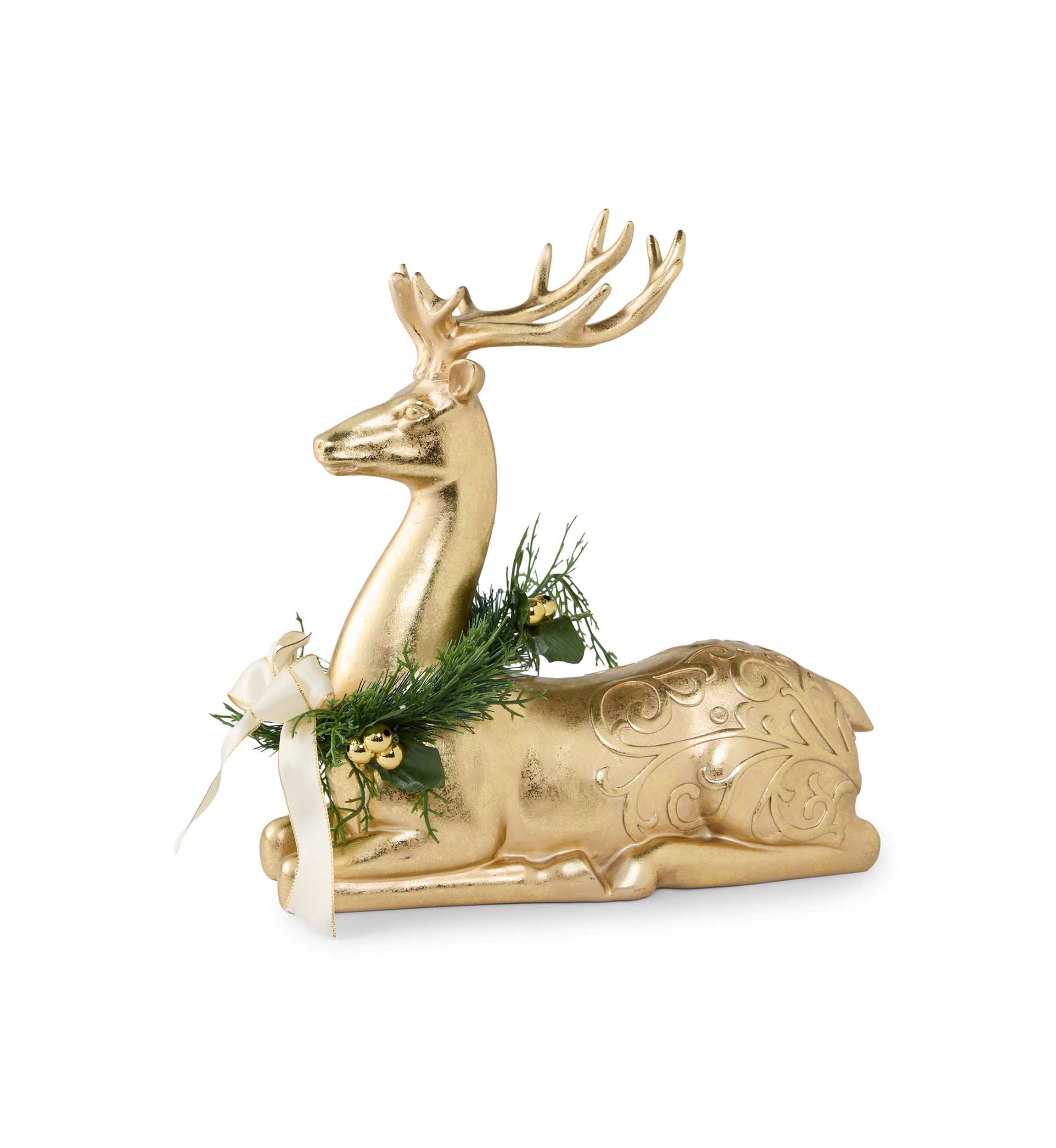Gold Sitting Deer with Wreath Figurine