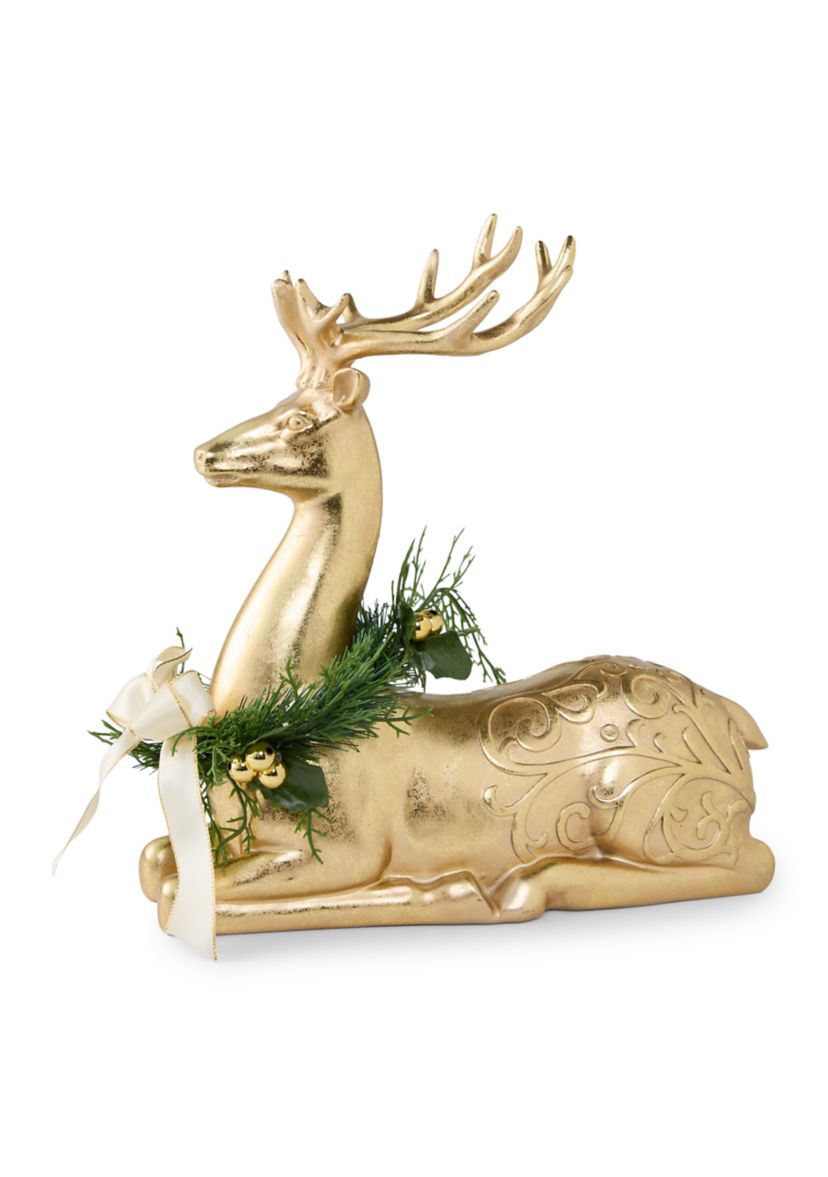 Gold Sitting Deer with Wreath Figurine