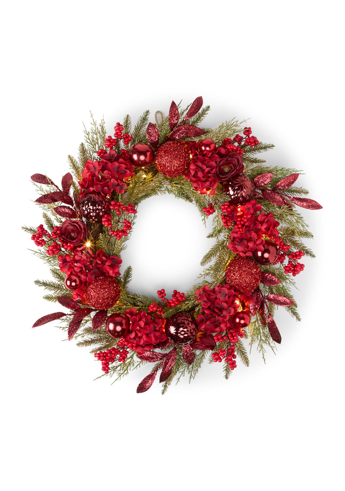 Rose & Ornament Pre-Lit Wreath