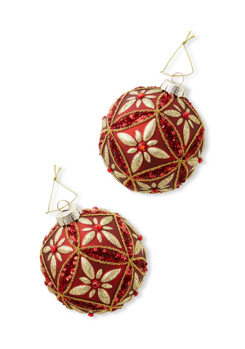 Set of 2 Red and Gold Pattern Ball Ornaments