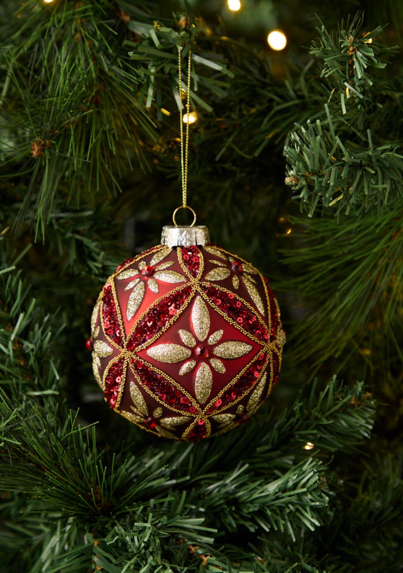 Set of 2 Red and Gold Pattern Ball Ornaments