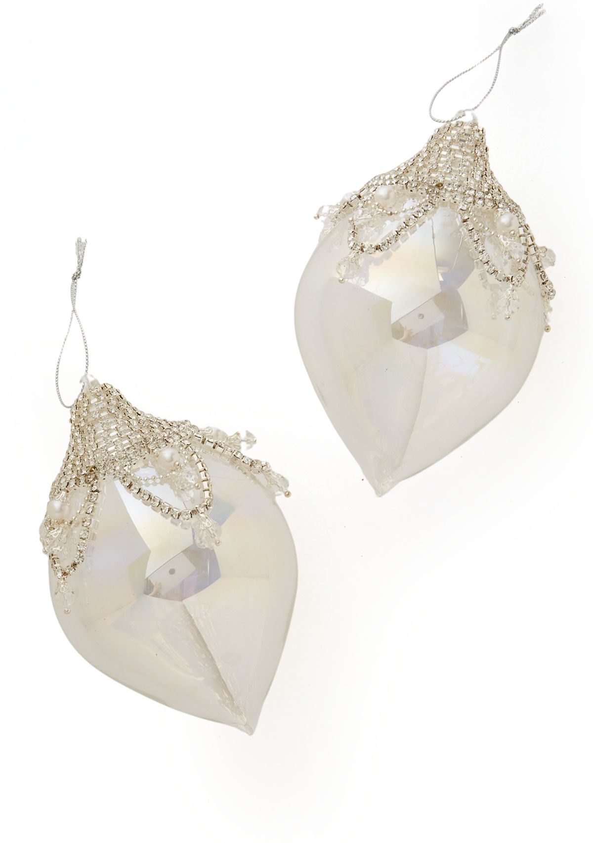 Set of 2 Clear Pearl Teardrop Ornaments