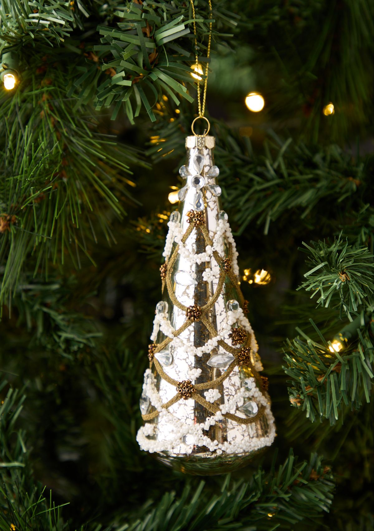 Set of 2 Silver Beaded Tree Ornaments