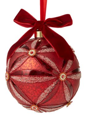 Biltmore Ball with Red Gem Flowers and Bow Ornament