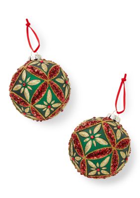 Biltmore Set of 2 Green Ball with Red Gold Floral Ornaments
