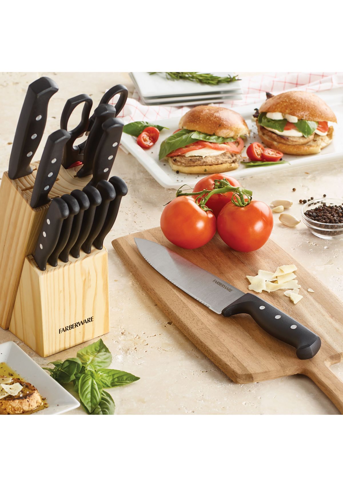 22 Piece Triple Rivet Stainless Steel Knife Block Set with Kitchen Tool Set