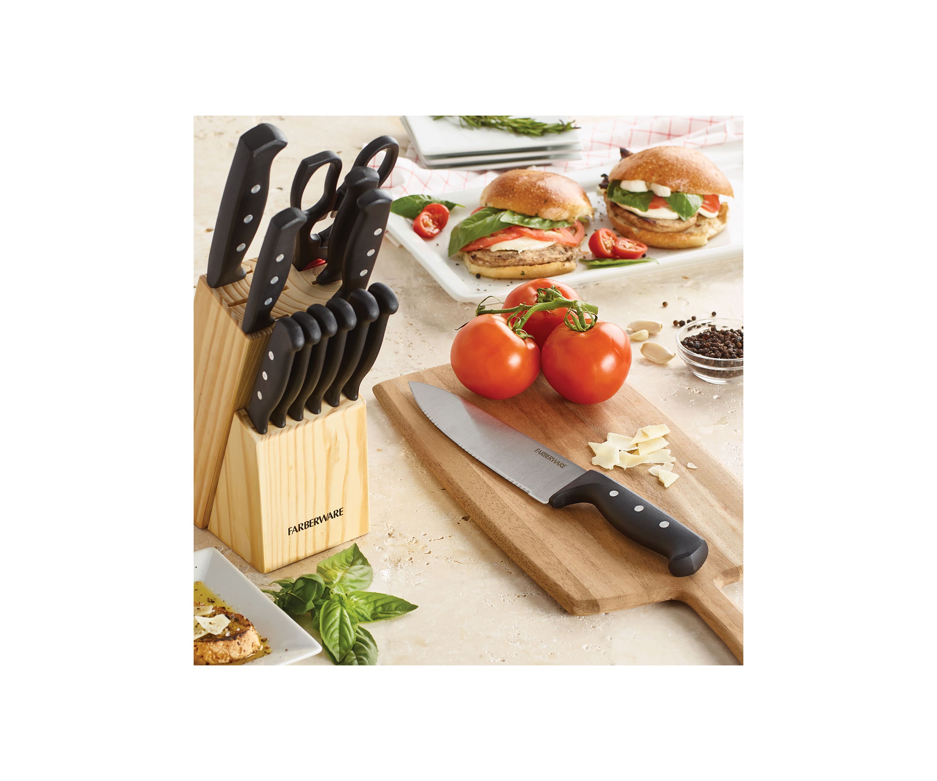 22 Piece Triple Rivet Stainless Steel Knife Block Set with Kitchen Tool Set