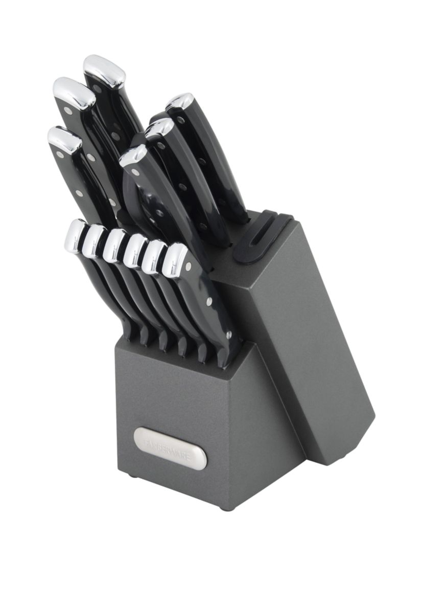 Triple Rivet Black Cutlery Block Set with Built In Edgekeeper Sharpener