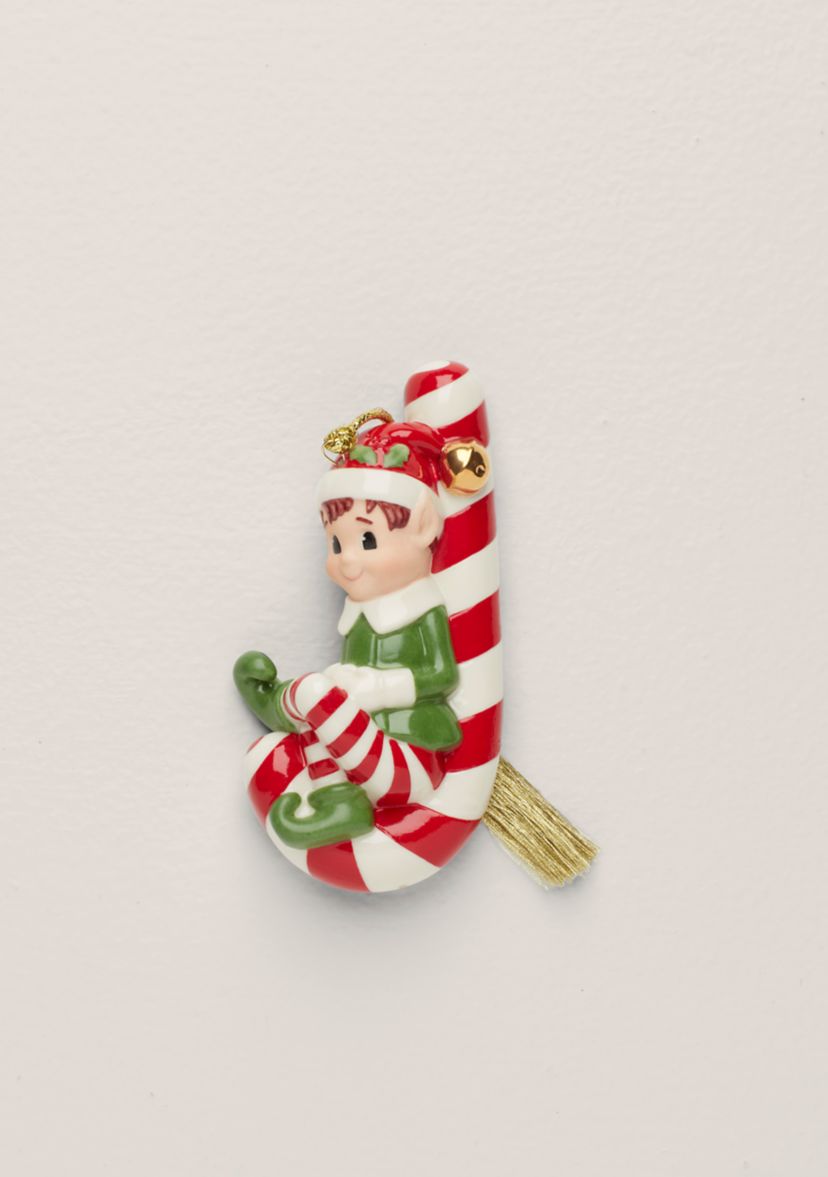 Christmas Elf On Candy Cane Ornament