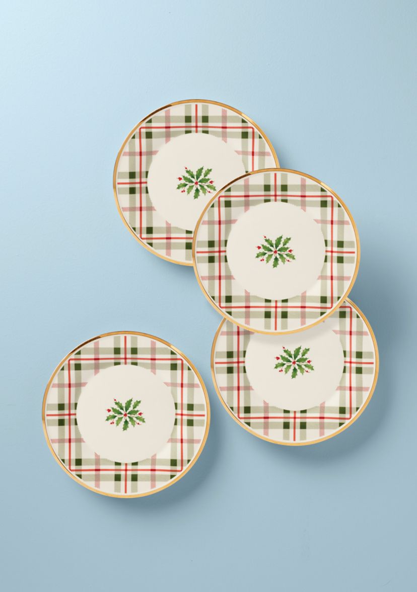Set of 4 Holiday Plaid Accent Plates