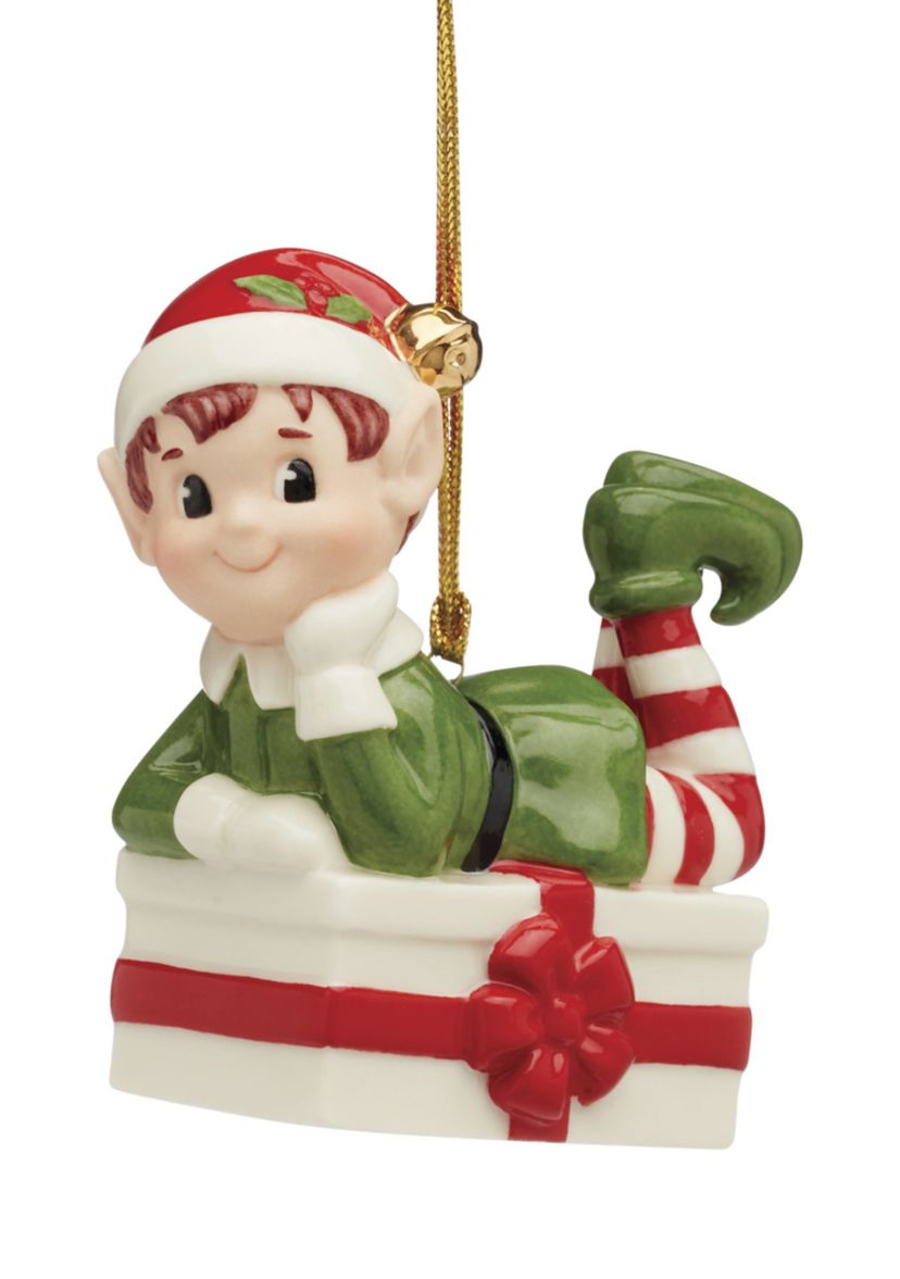 Christmas Elf Sitting on Present Ornament