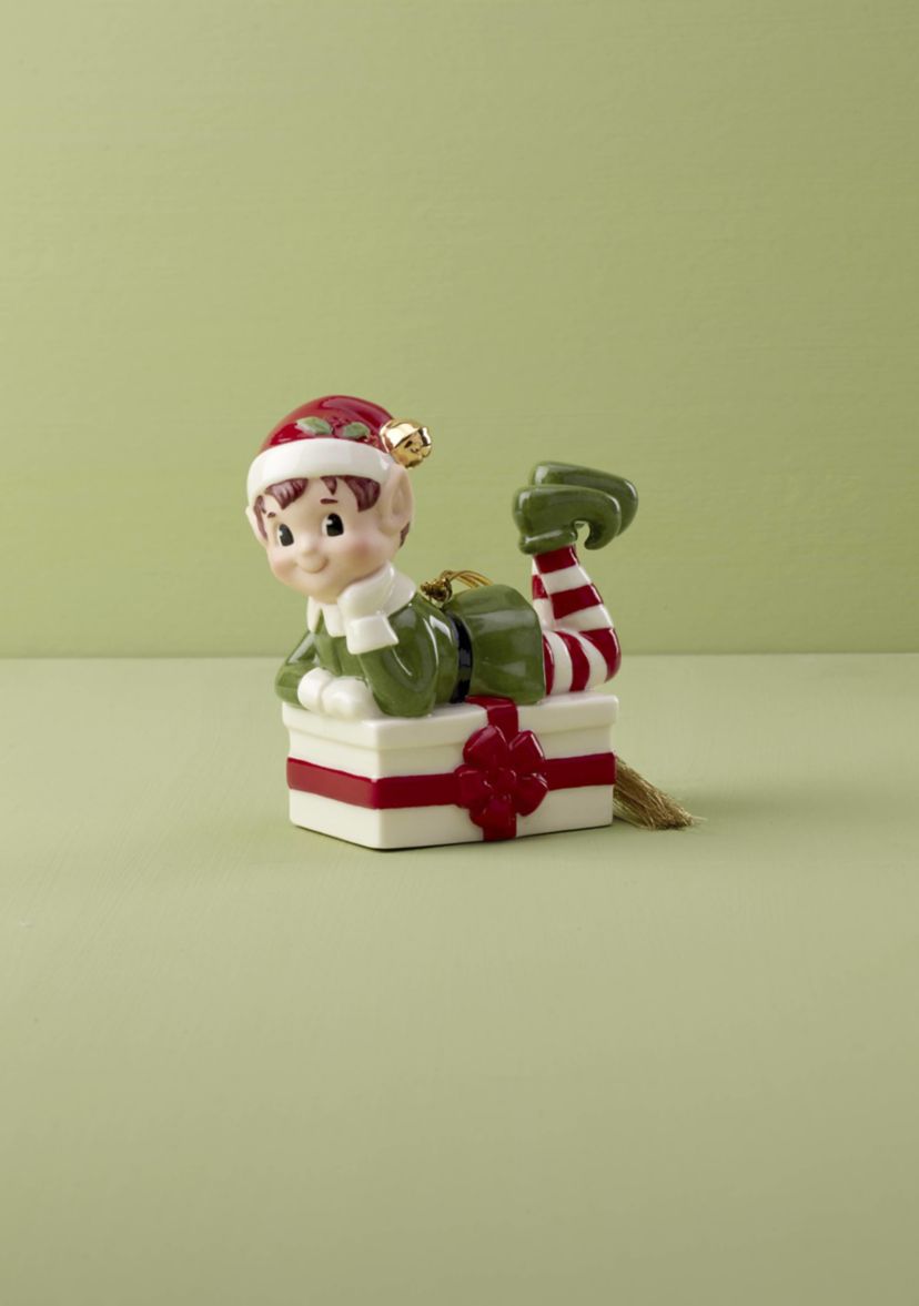 Christmas Elf Sitting on Present Ornament