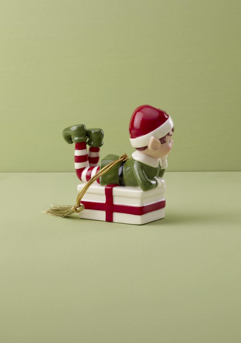 Christmas Elf Sitting on Present Ornament