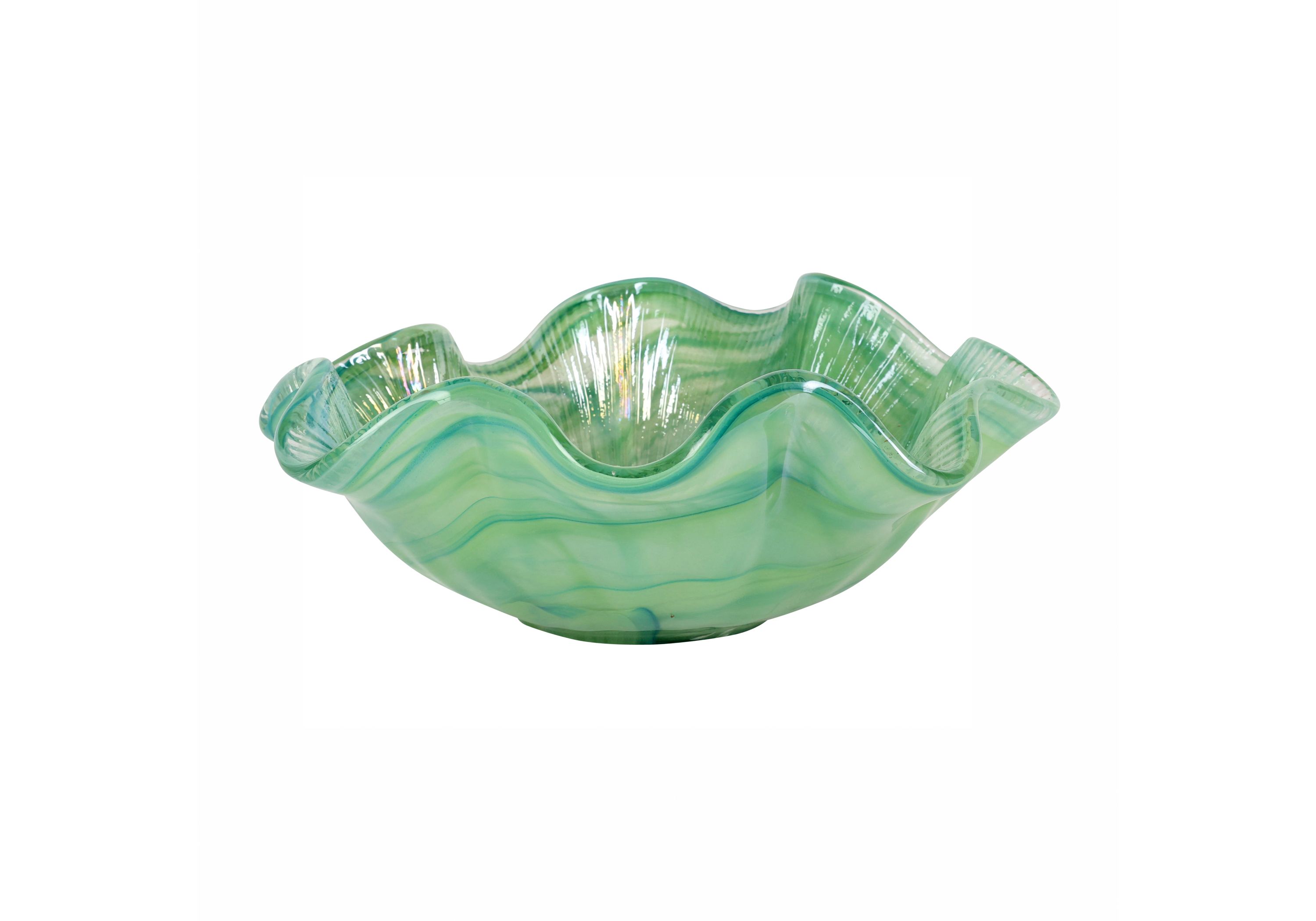 Onda Glass Green Ruffled Round Bowl