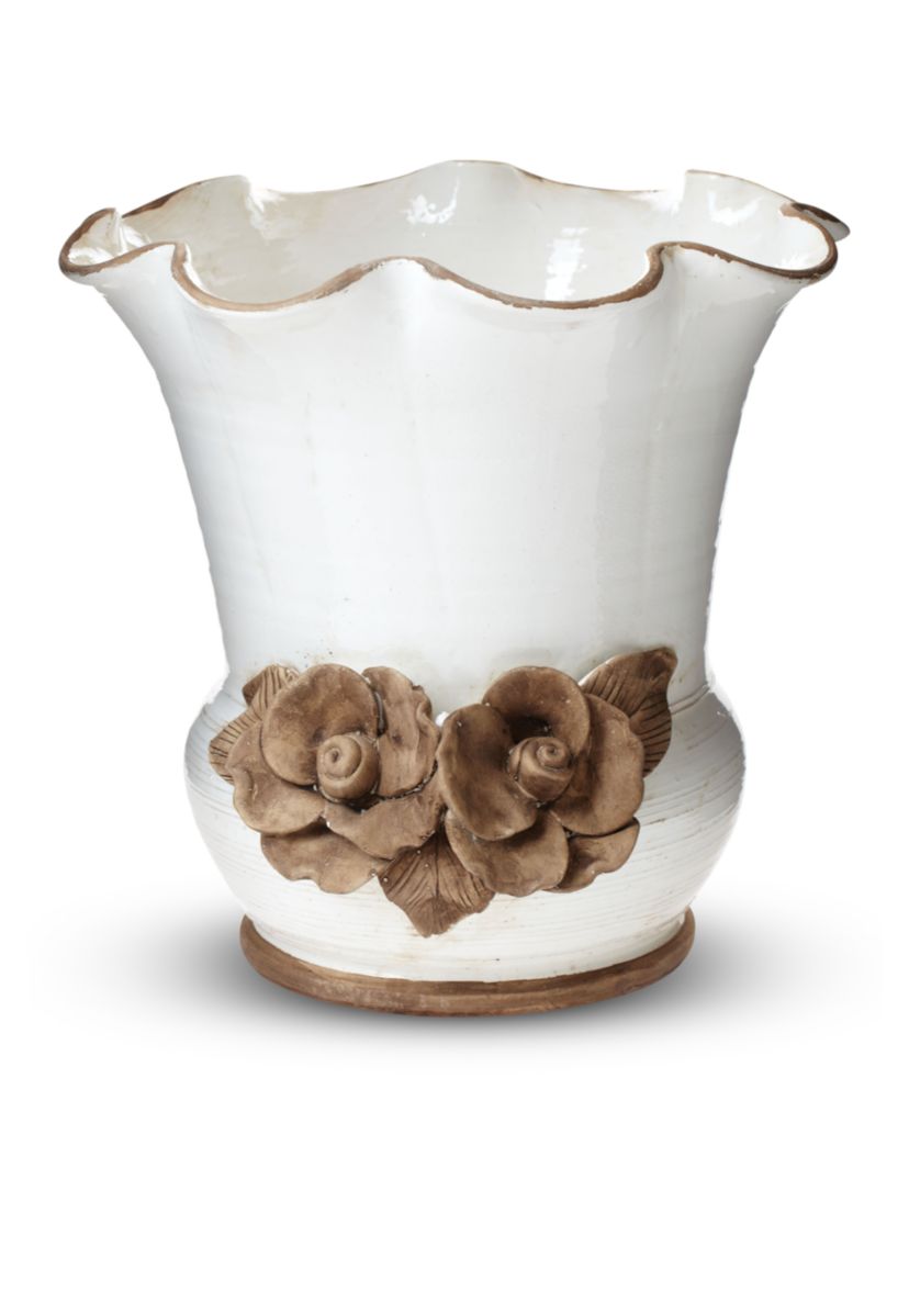 Rustic Garden White Scalloped Planter with Flowers