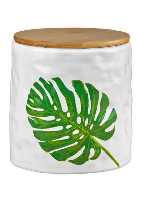 Palm Leaf Small Ceramic Canister with Lid