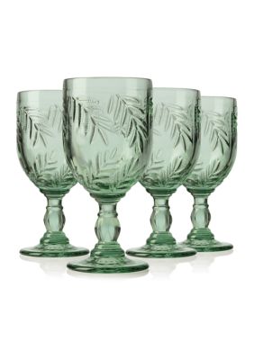 Bali Leaf Design Green Glass Goblet - Set of 4