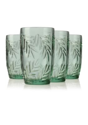 Bali Leaf Design Green Highball Glass - Set of 4