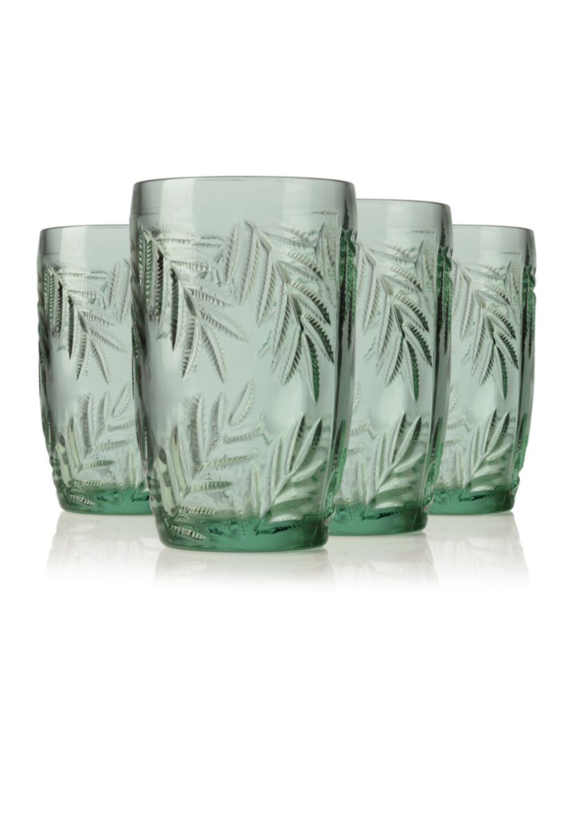 Bali Leaf Design Green Highball Glass - Set of 4