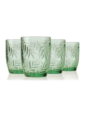 Bali Leaf Design Green Double Old Fashioned Glasses - Set of 4