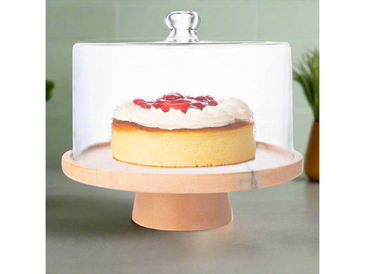 Pink Marble Footed Cake Stand With Dome
