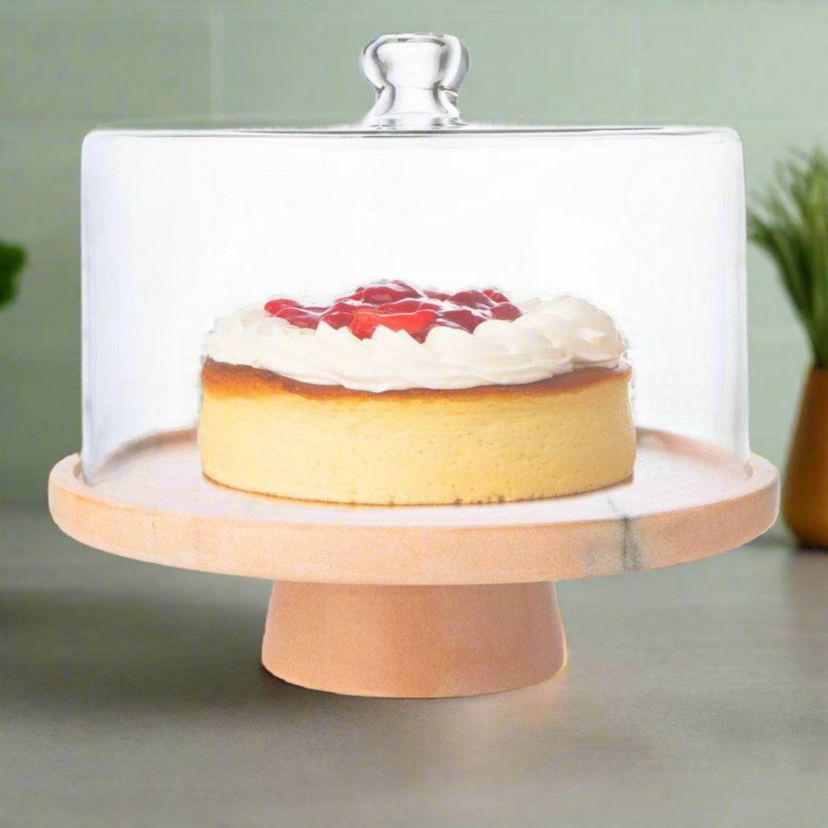 Pink Marble Footed Cake Stand With Dome