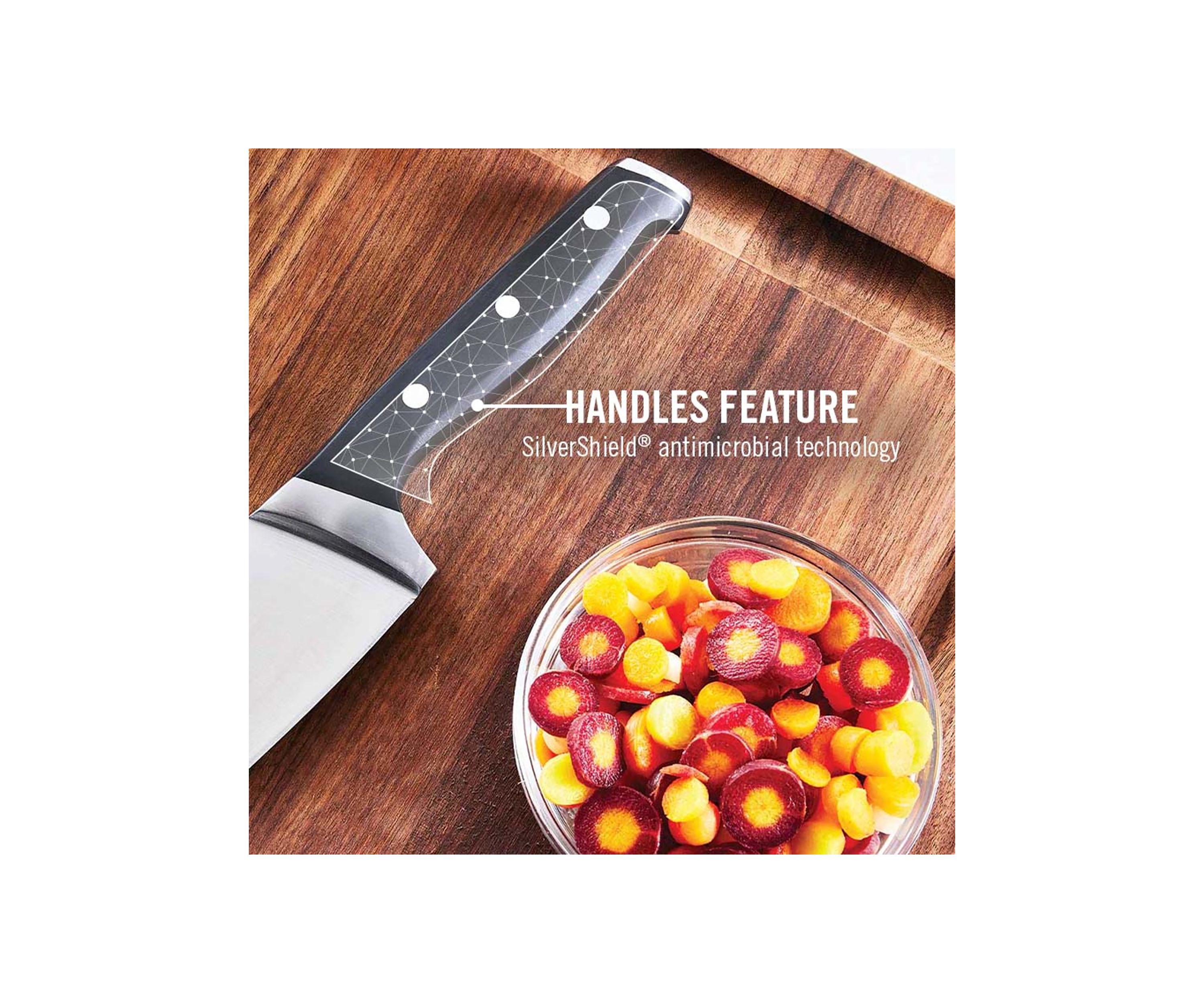 Classic Antimicrobial Self-Sharpening 15 Piece Cutlery Set, Knife Set with SharpIN Self-Sharpening Knife Block and Silver Shield Antimicrobial Knife Handles
