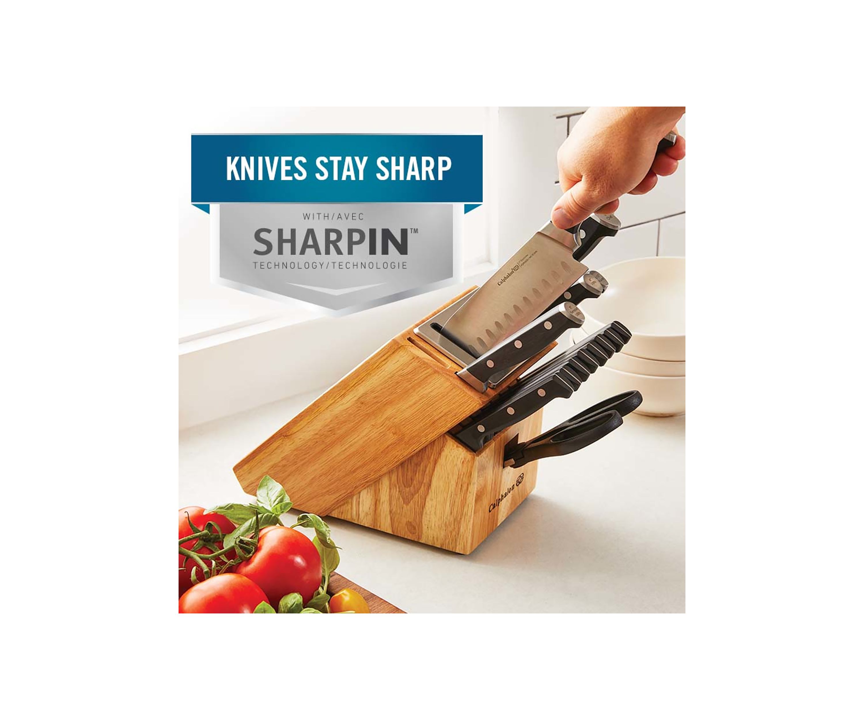 Classic Antimicrobial Self-Sharpening 15 Piece Cutlery Set, Knife Set with SharpIN Self-Sharpening Knife Block and Silver Shield Antimicrobial Knife Handles