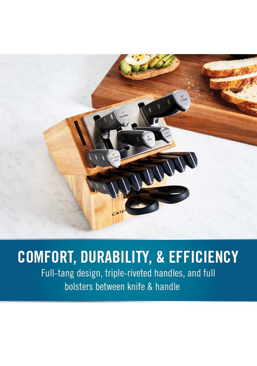 Classic Antimicrobial Self-Sharpening 15 Piece Cutlery Set, Knife Set with SharpIN Self-Sharpening Knife Block and Silver Shield Antimicrobial Knife Handles