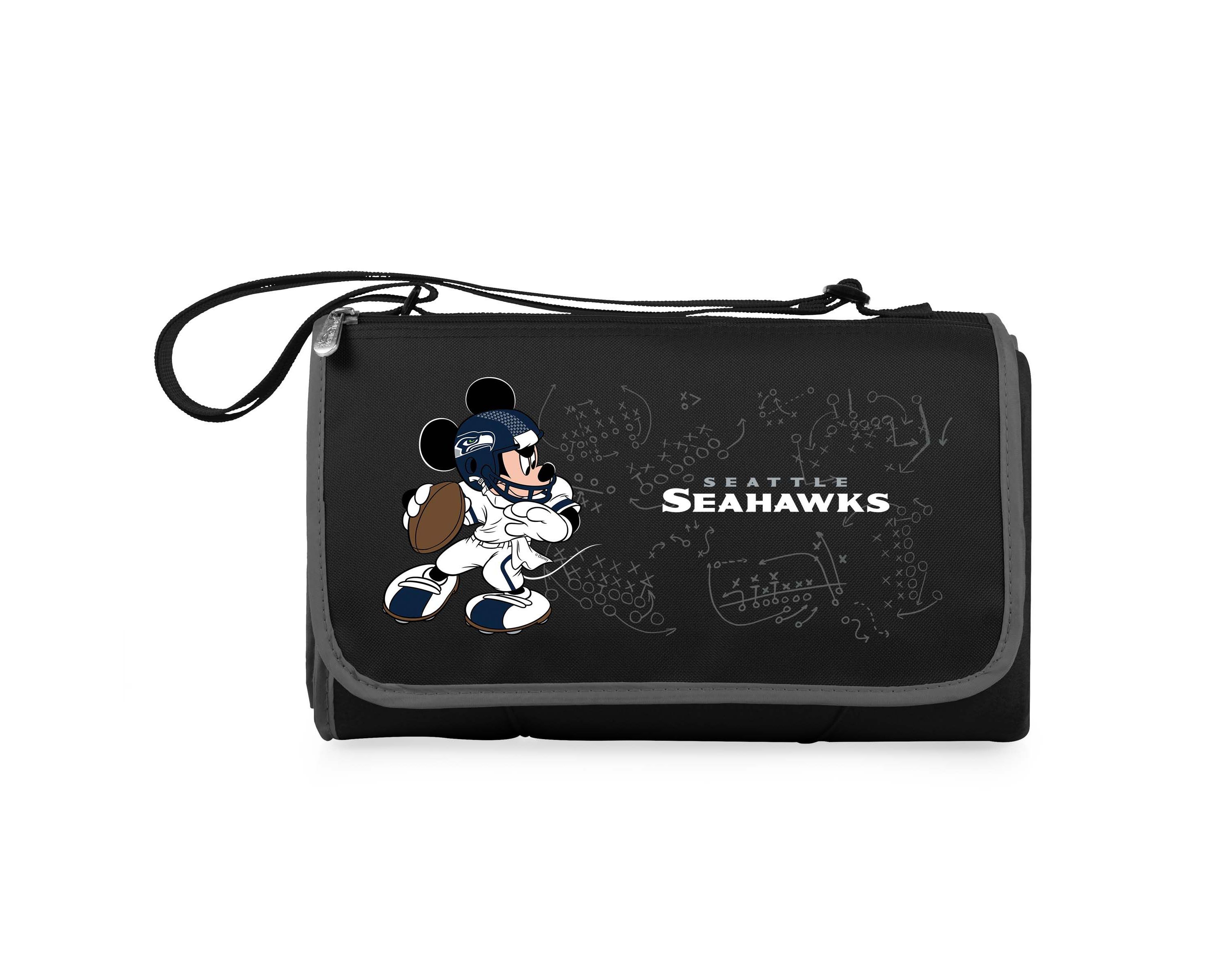 Seattle Seahawks - Mickey Mouse - Blanket Tote Outdoor Picnic Blanket, (Black with Black Exterior)