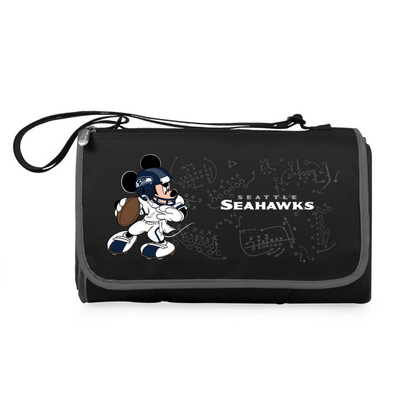 Seattle Seahawks - Mickey Mouse - Blanket Tote Outdoor Picnic Blanket, (Black with Black Exterior)