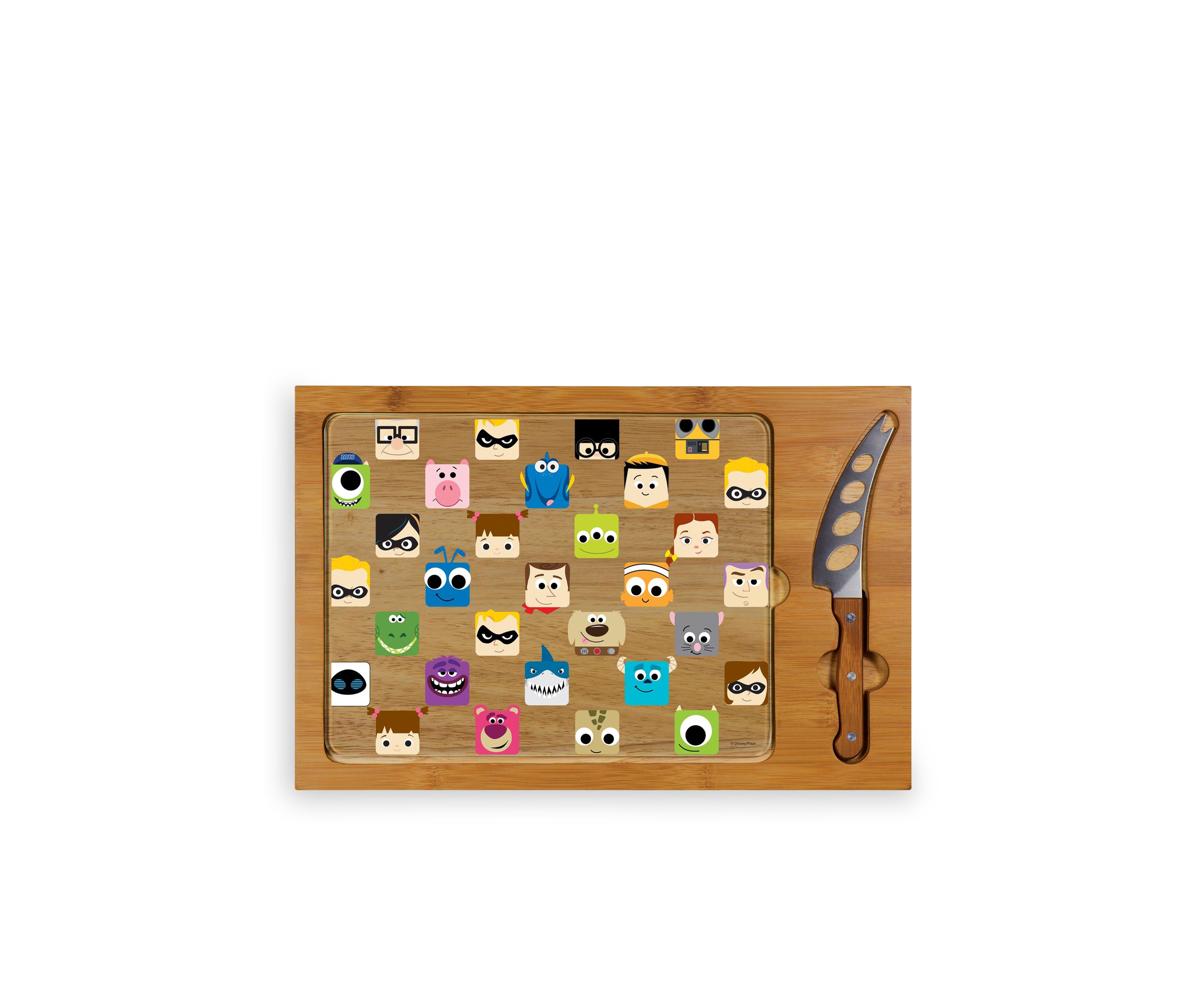 Pixar Collection - Icon Glass Top Serving Tray & Knife Set by Picnic Time (Natural Wood)