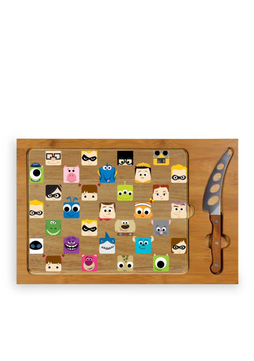 Pixar Collection - Icon Glass Top Serving Tray & Knife Set by Picnic Time (Natural Wood)