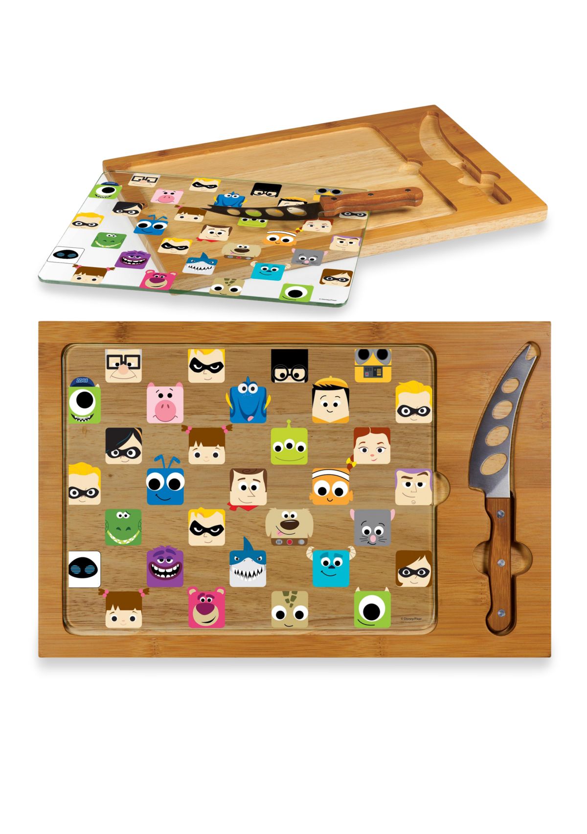Pixar Collection - Icon Glass Top Serving Tray & Knife Set by Picnic Time (Natural Wood)