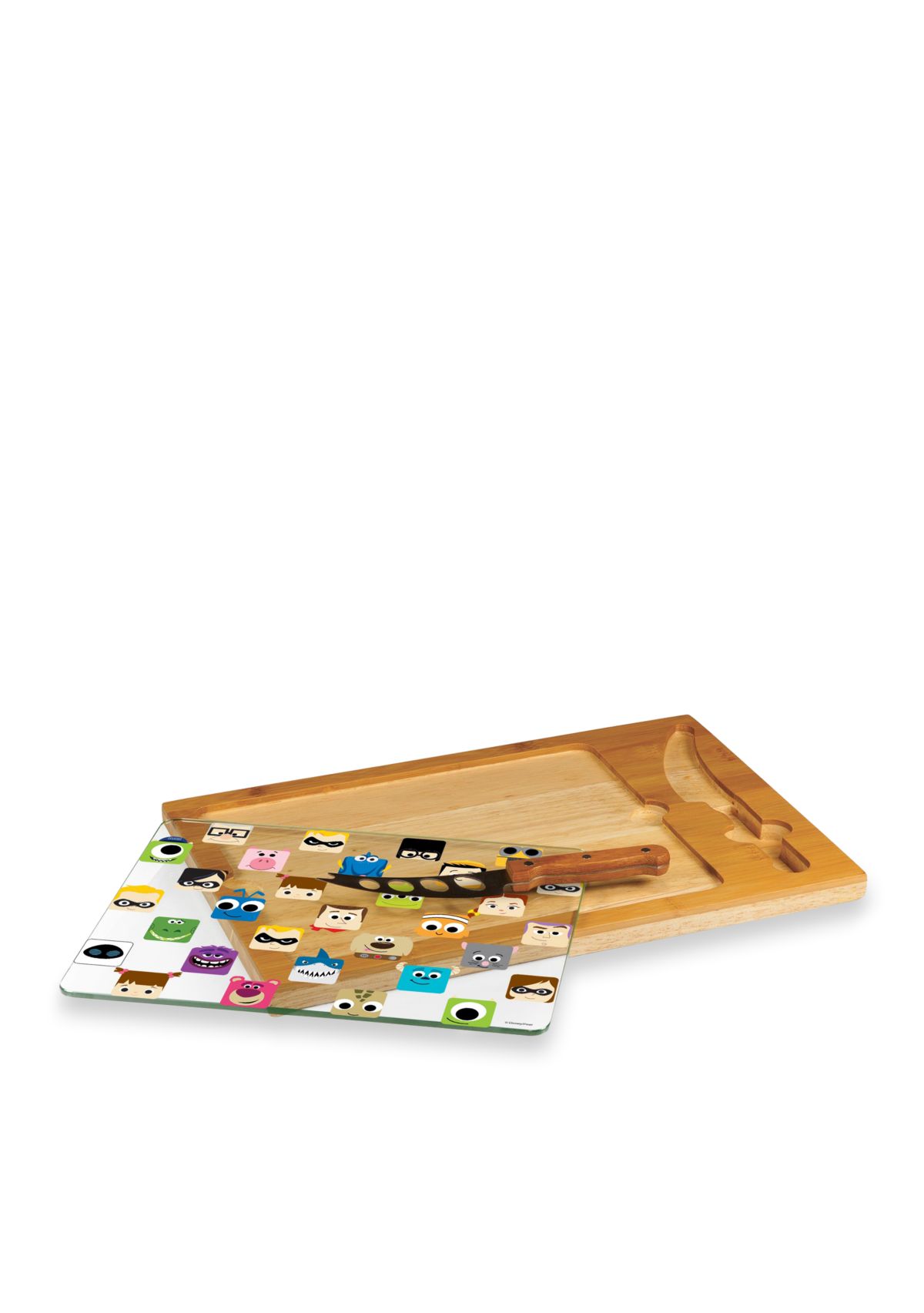 Pixar Collection - Icon Glass Top Serving Tray & Knife Set by Picnic Time (Natural Wood)