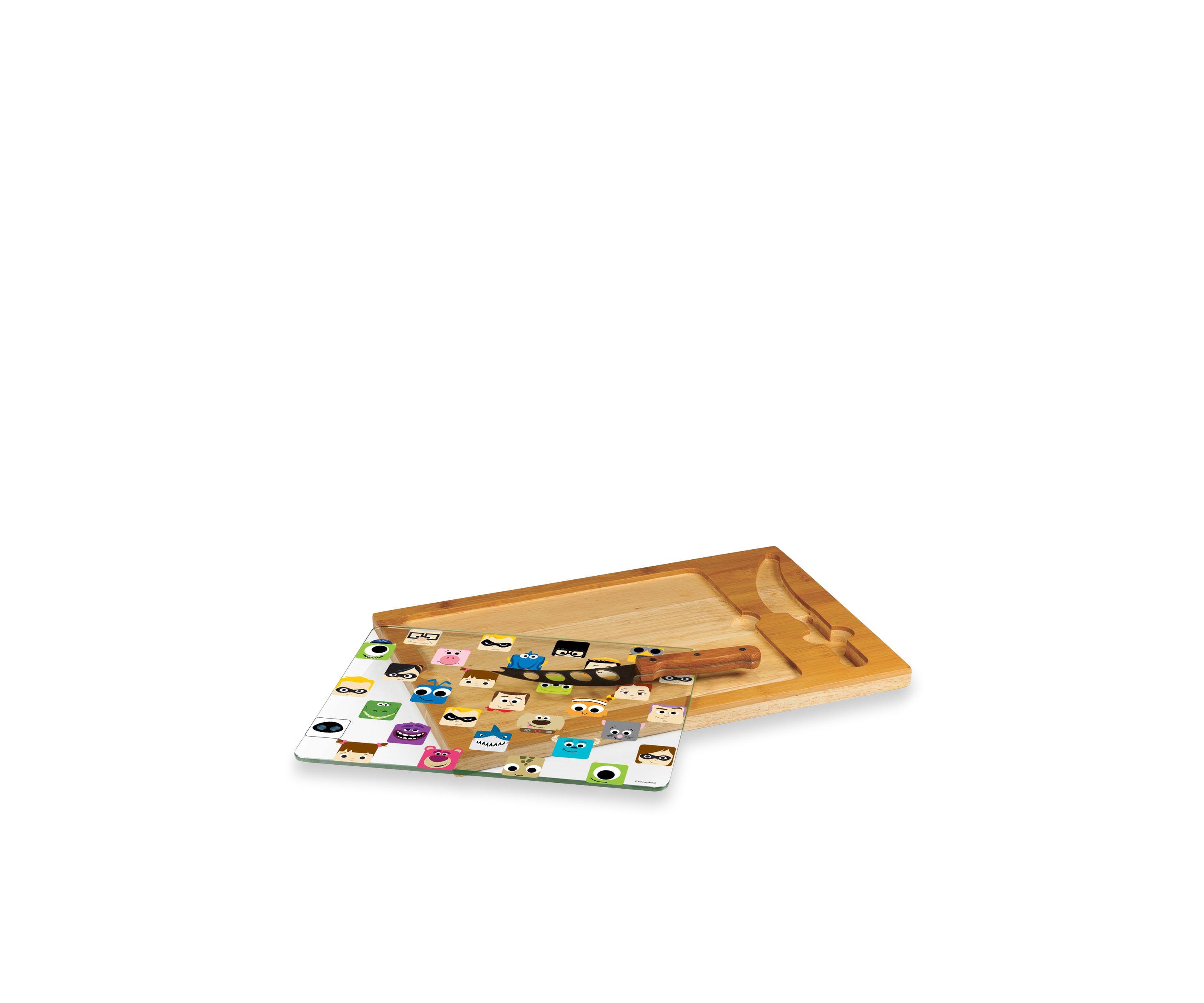 Pixar Collection - Icon Glass Top Serving Tray & Knife Set by Picnic Time (Natural Wood)
