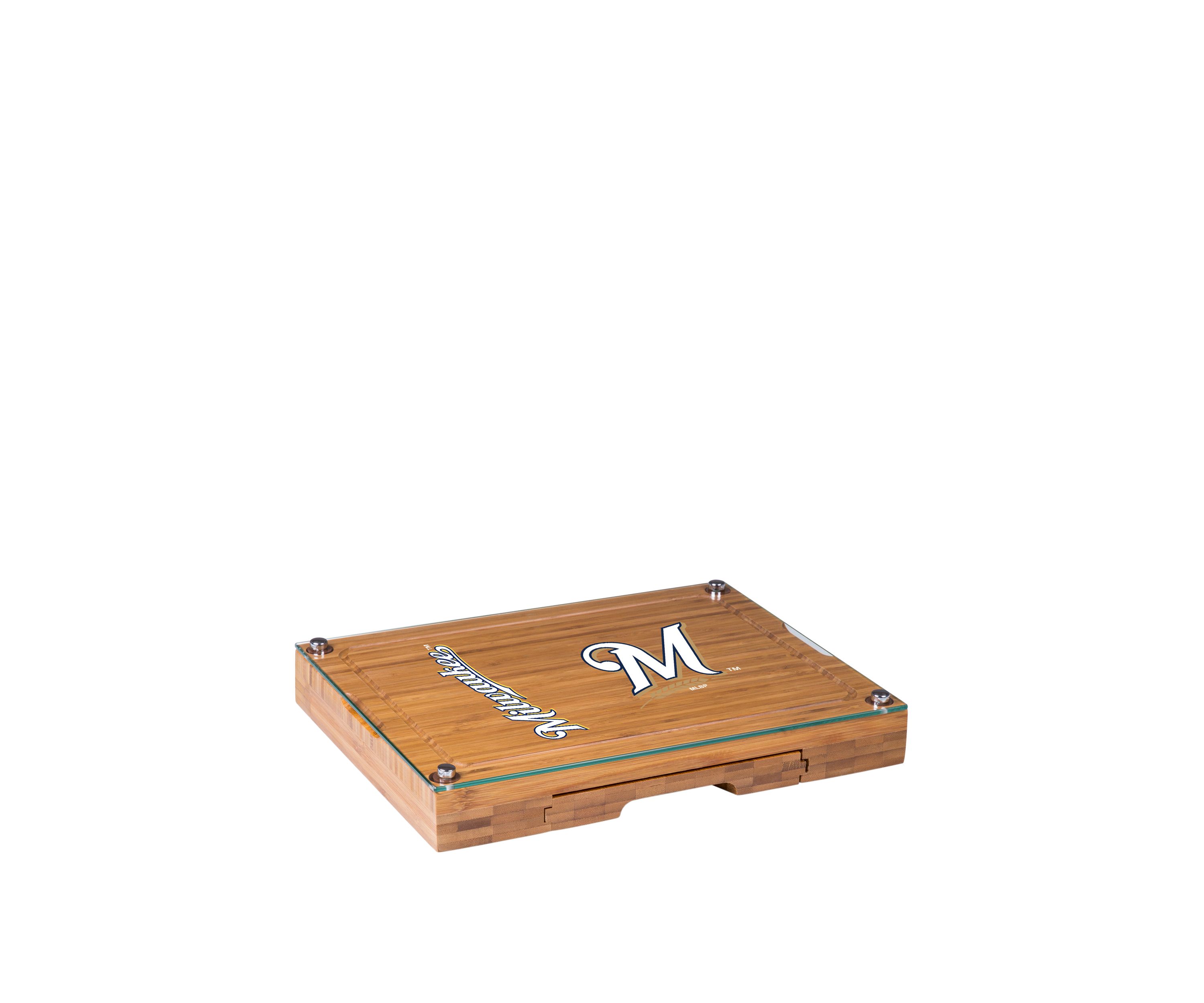 MLB Milwaukee Brewers Concerto Glass Top Cheese Cutting Board & Tools Set